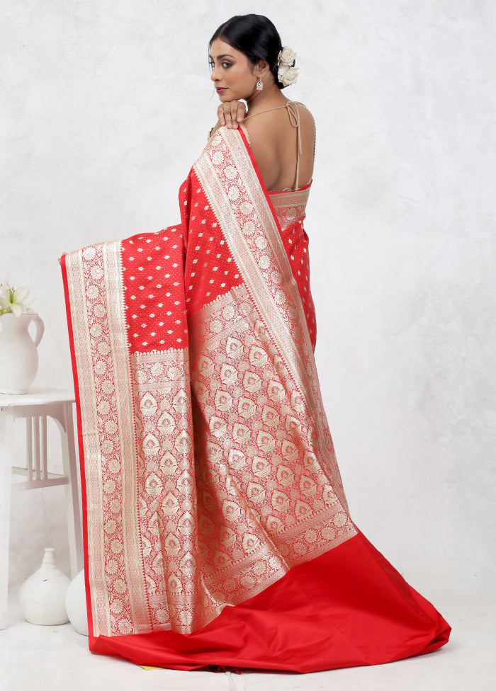 Red Banarasi Silk Saree Without Blouse Piece - Indian Silk House Agencies