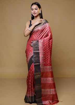 Pink Tussar Silk Saree With Blouse Piece