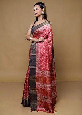 Pink Tussar Silk Saree With Blouse Piece