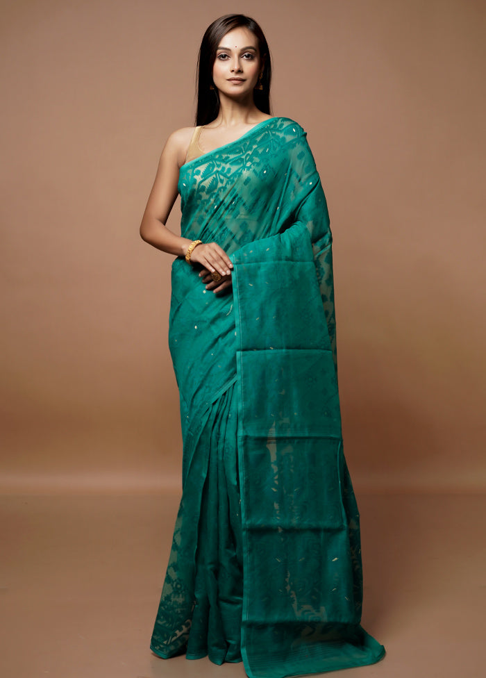 Green Tant Jamdani Saree Without Blouse Piece