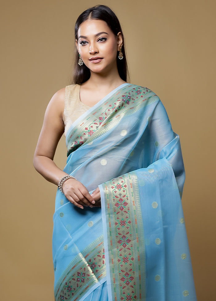 Blue Kora Silk Saree With Blouse Piece