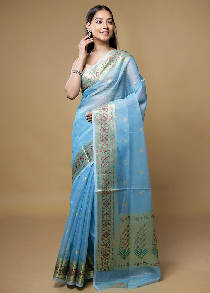 Blue Kora Silk Saree With Blouse Piece