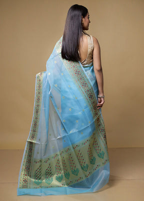 Blue Kora Silk Saree With Blouse Piece