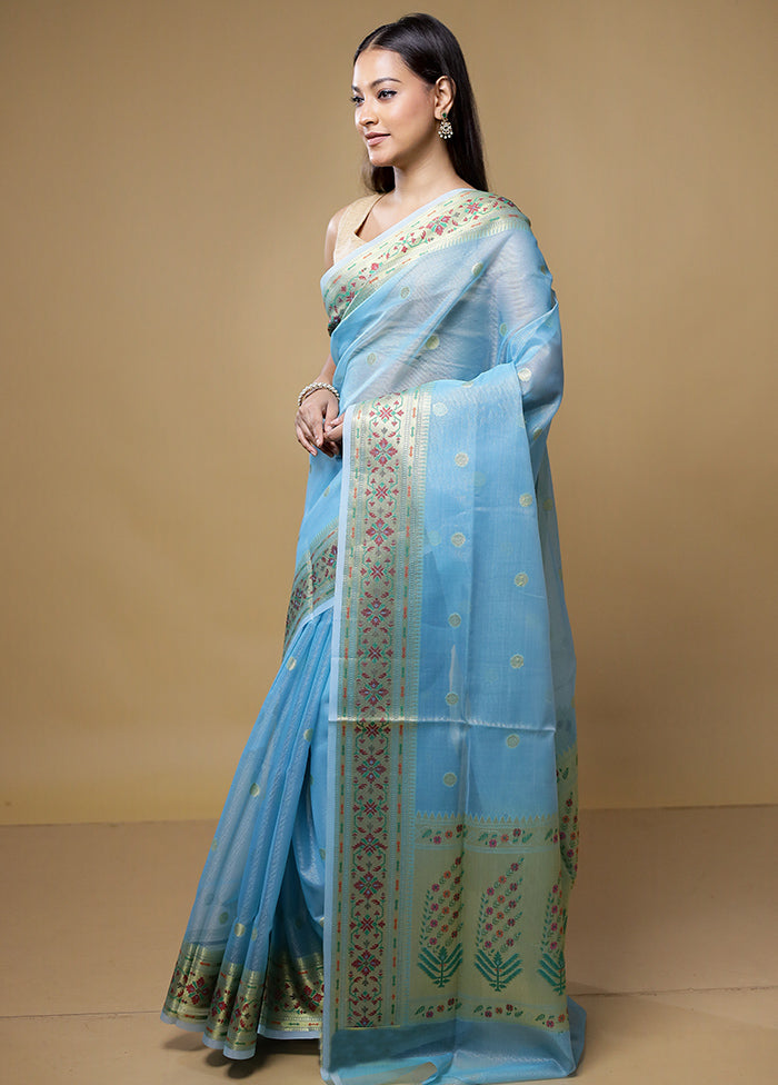 Blue Kora Silk Saree With Blouse Piece