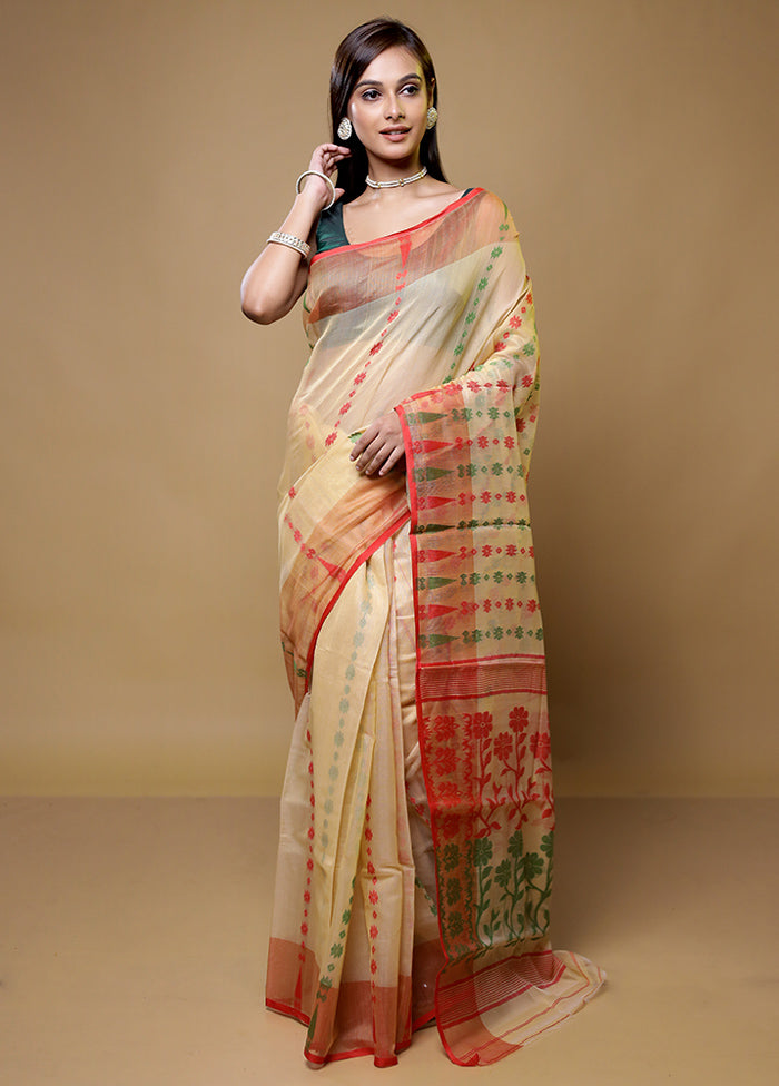 Cream Tant Jamdani Saree Without Blouse Piece