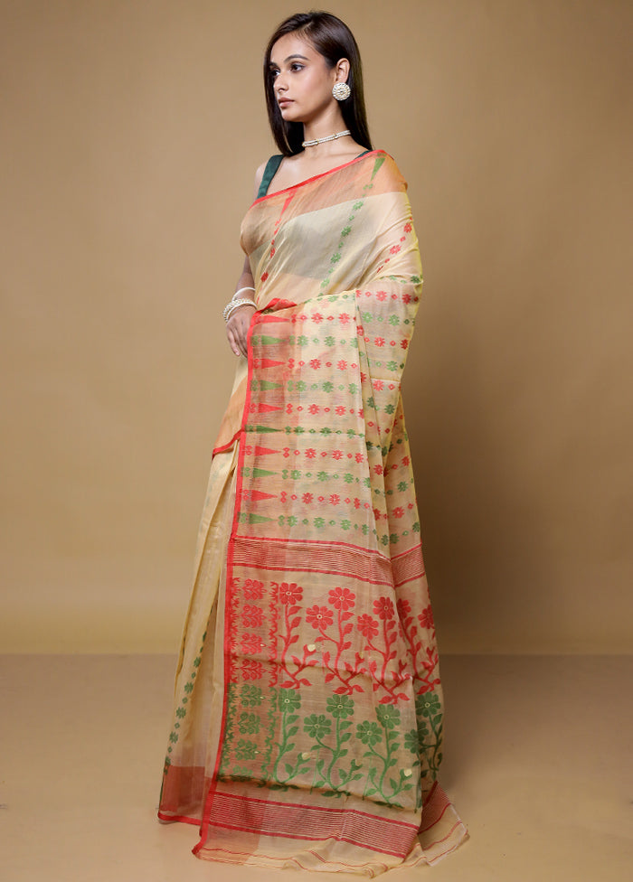 Cream Tant Jamdani Saree Without Blouse Piece