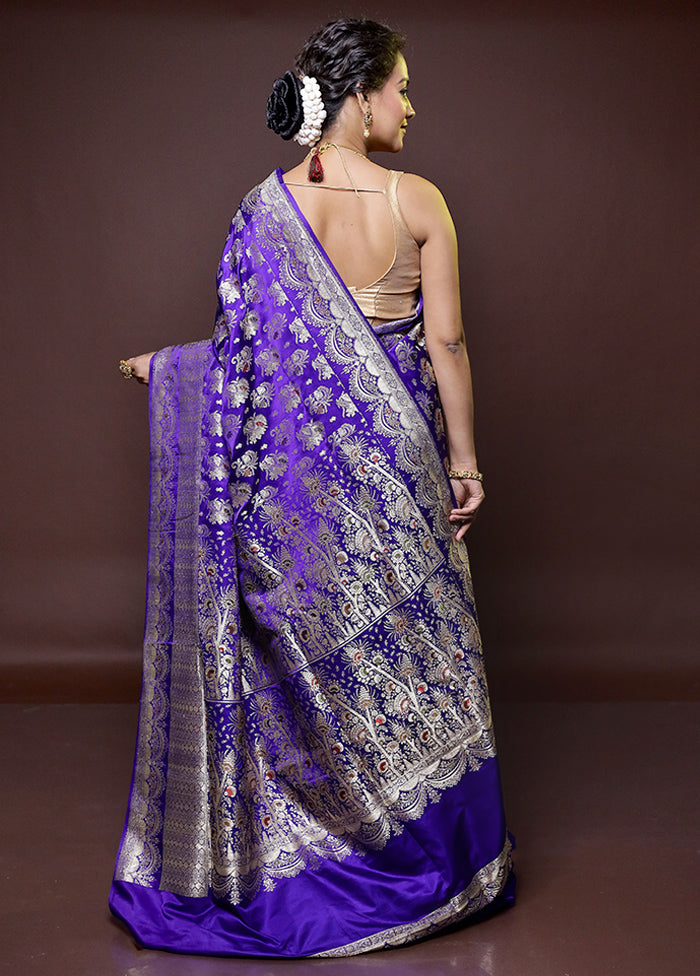 Purple Handloom Banarasi Pure Silk Saree With Blouse Piece