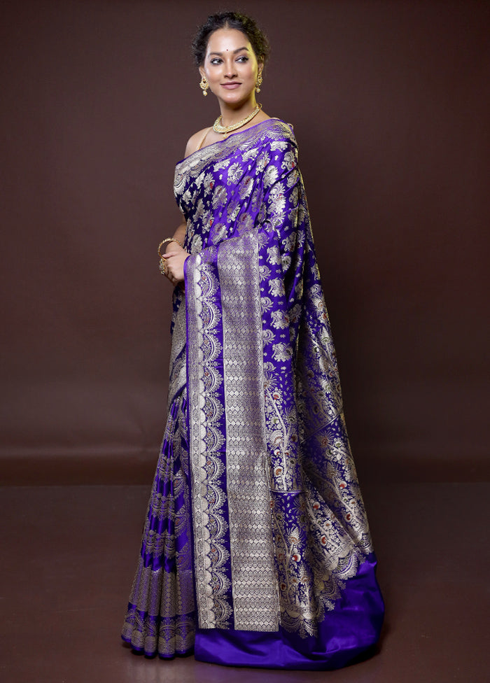 Purple Handloom Banarasi Pure Silk Saree With Blouse Piece