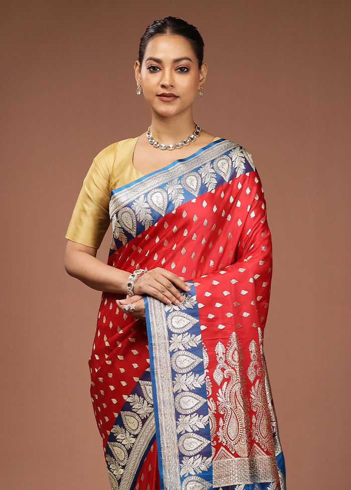Red Handloom Banarasi Pure Silk Saree With Blouse Piece