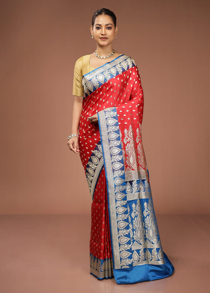 Red Handloom Banarasi Pure Silk Saree With Blouse Piece