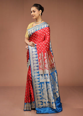 Red Handloom Banarasi Pure Silk Saree With Blouse Piece