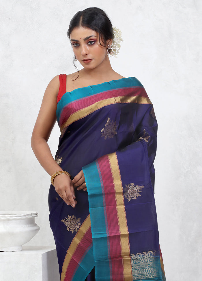 Blue Kanjivaram Pure Silk Saree With Blouse Piece