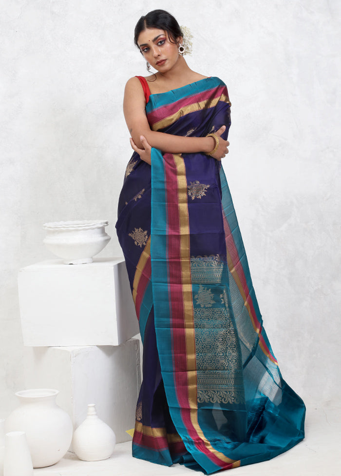 Blue Kanjivaram Pure Silk Saree With Blouse Piece