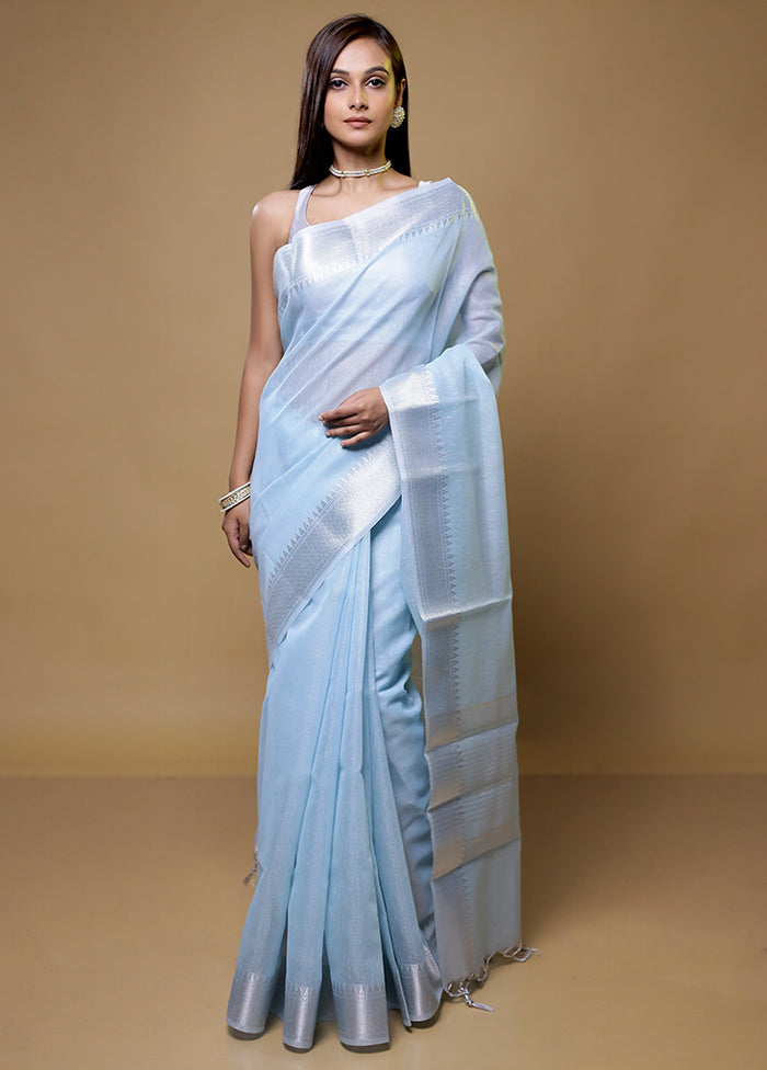 Blue Linen Silk Saree With Blouse Piece