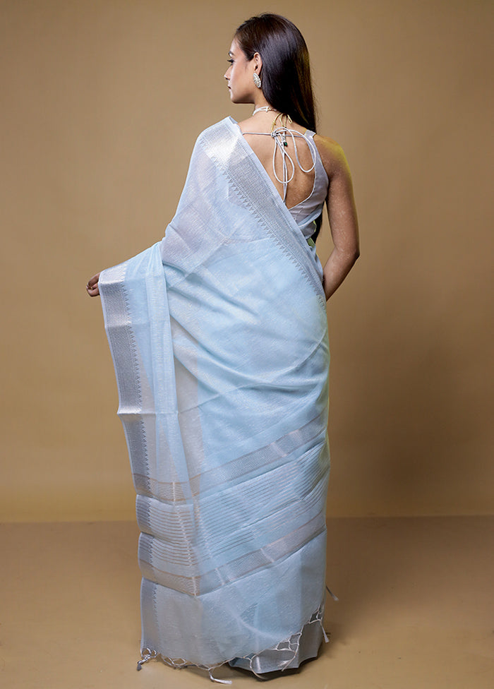 Blue Linen Silk Saree With Blouse Piece