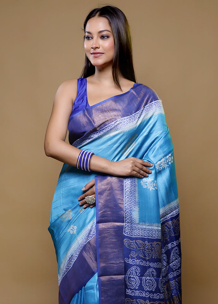 Blue Tussar Silk Saree With Blouse Piece