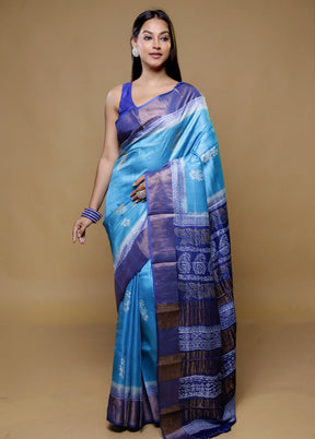 Blue Tussar Silk Saree With Blouse Piece