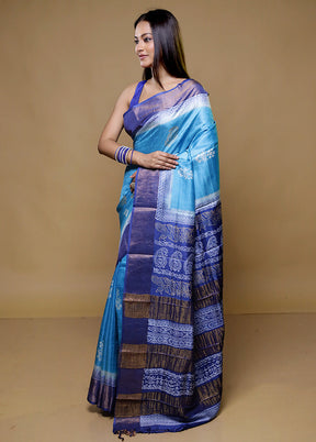 Blue Tussar Silk Saree With Blouse Piece