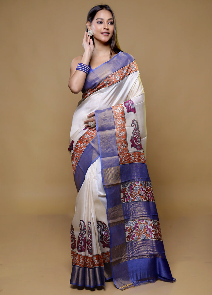 Cream Tussar Silk Saree With Blouse Piece