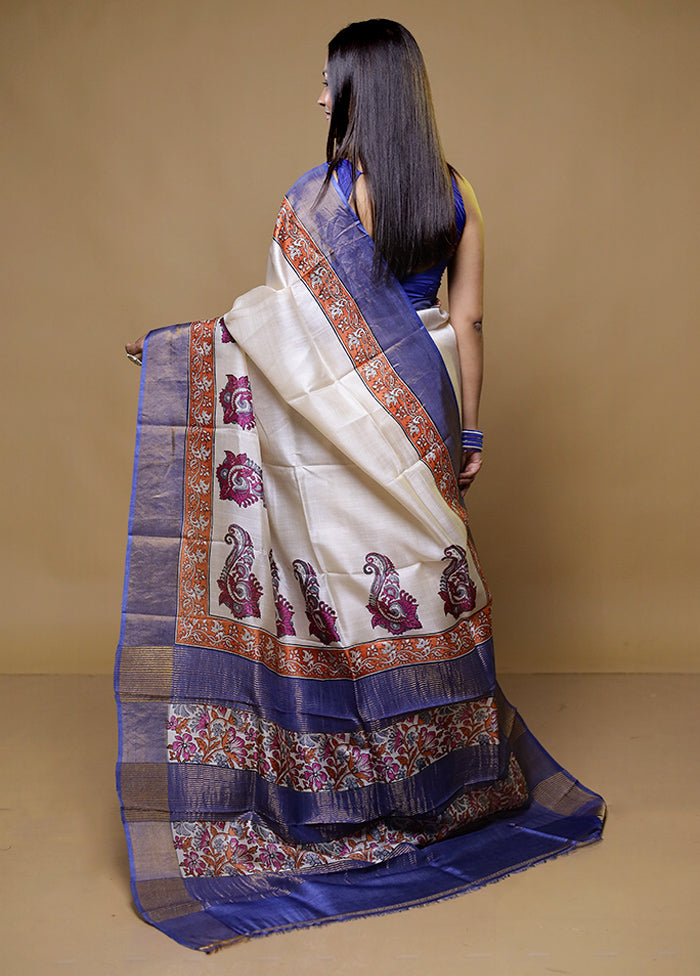 Cream Tussar Silk Saree With Blouse Piece