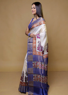 Cream Tussar Silk Saree With Blouse Piece