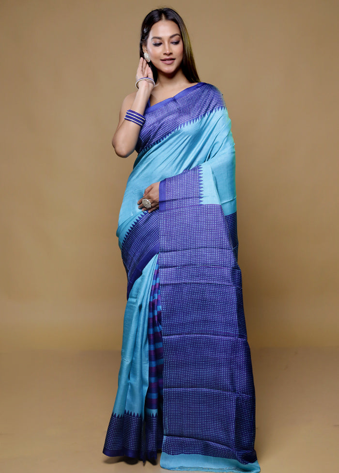 Blue Tussar Silk Saree With Blouse Piece