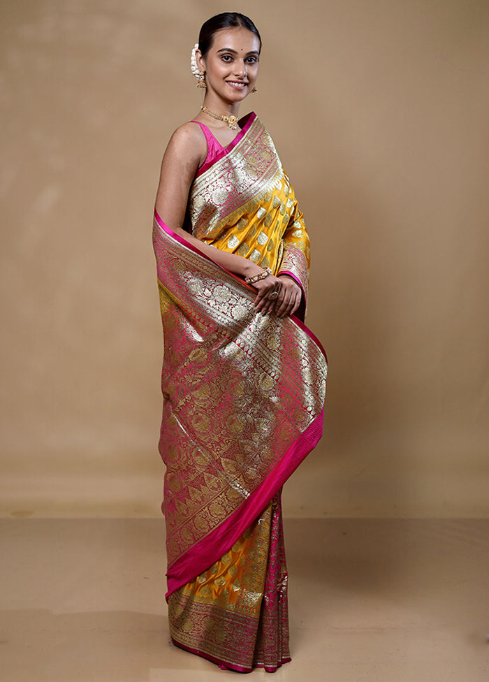 Yellow Banarasi Silk Saree With Blouse Piece