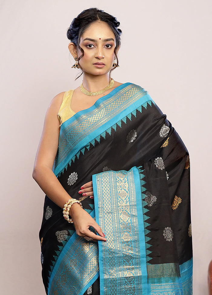 Black Gadwal Pure Silk Saree Without Blouse Piece - Indian Silk House Agencies