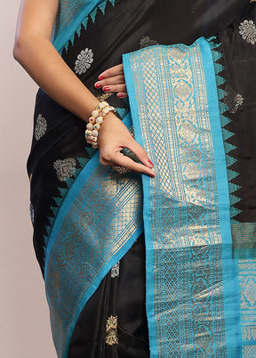 Black Gadwal Pure Silk Saree Without Blouse Piece - Indian Silk House Agencies