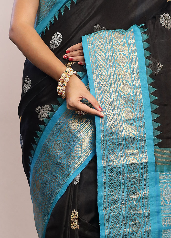 Black Gadwal Pure Silk Saree Without Blouse Piece - Indian Silk House Agencies