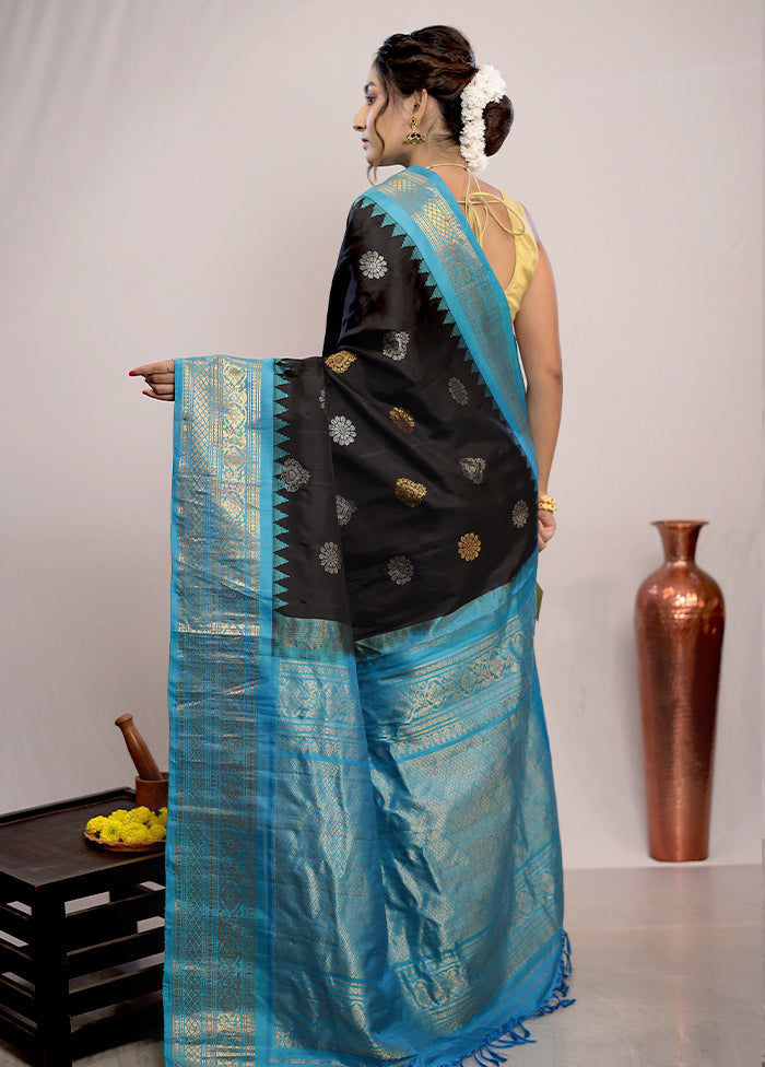 Black Gadwal Pure Silk Saree Without Blouse Piece - Indian Silk House Agencies