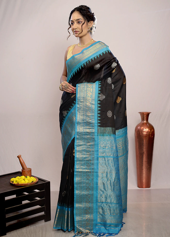 Black Gadwal Pure Silk Saree Without Blouse Piece - Indian Silk House Agencies