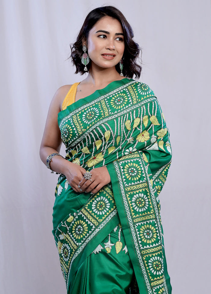 Green Kantha Stitch Pure Silk Saree With Blouse Piece - Indian Silk House Agencies