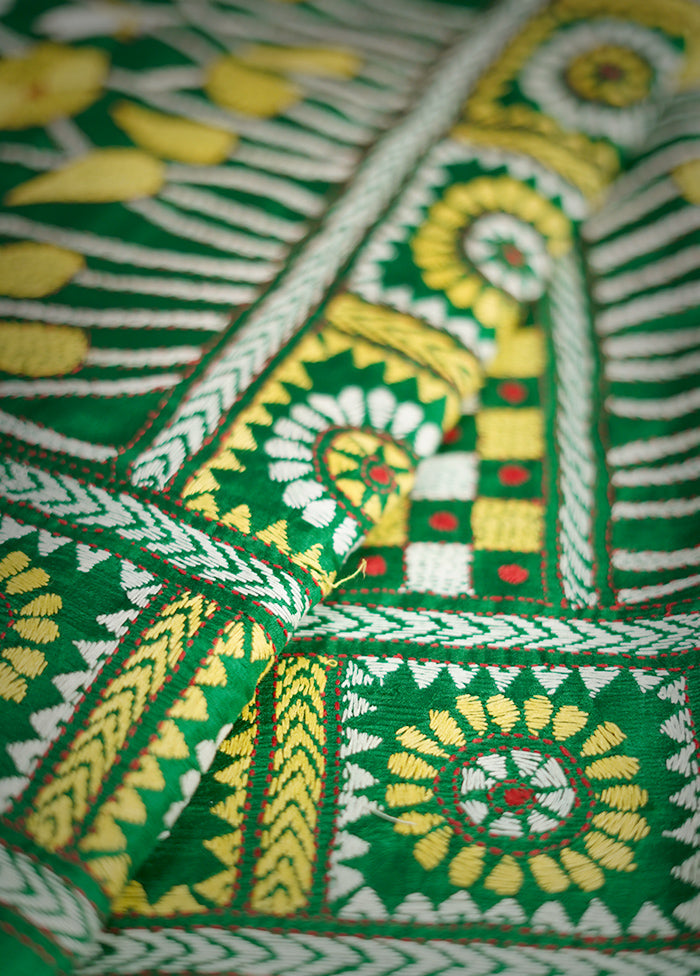 Green Kantha Stitch Pure Silk Saree With Blouse Piece - Indian Silk House Agencies