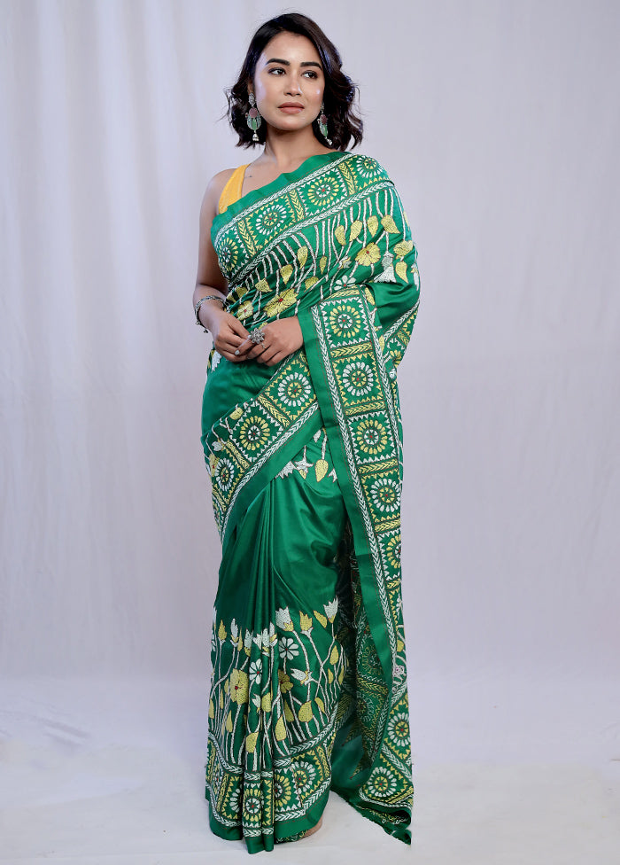 Green Kantha Stitch Pure Silk Saree With Blouse Piece - Indian Silk House Agencies