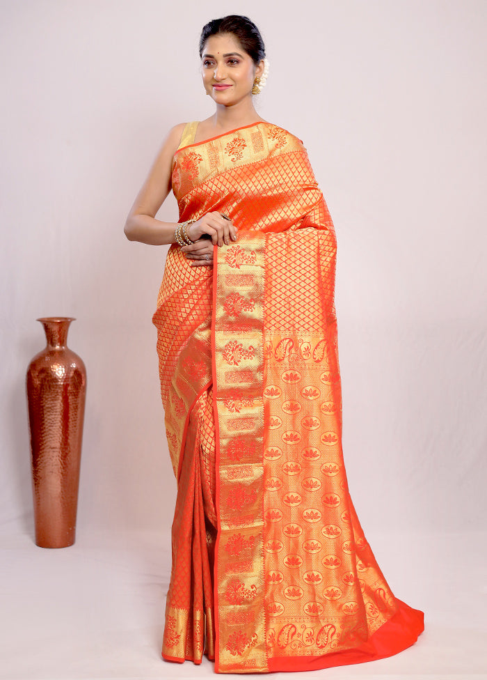 Rust Kanjivaram Pure Silk Saree With Blouse Piece - Indian Silk House Agencies