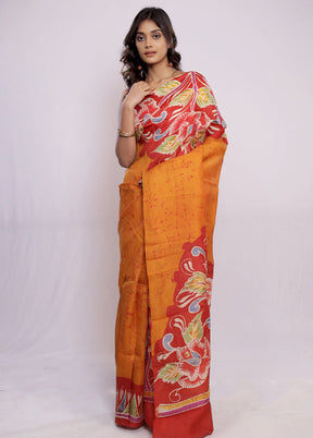 Yellow Printed Pure Silk Saree With Blouse Piece - Indian Silk House Agencies