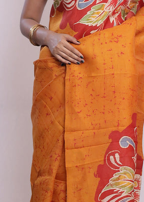 Yellow Printed Pure Silk Saree With Blouse Piece - Indian Silk House Agencies