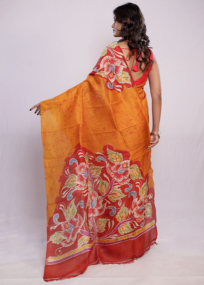 Yellow Printed Pure Silk Saree With Blouse Piece - Indian Silk House Agencies