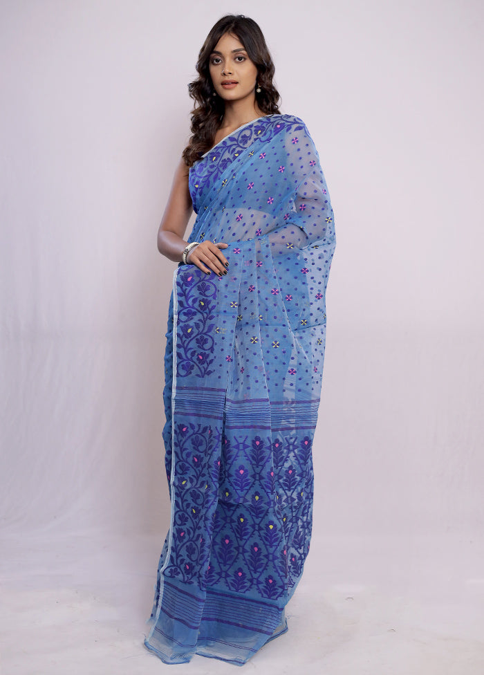 Blue Tant Cotton Saree Without Blouse Piece - Indian Silk House Agencies