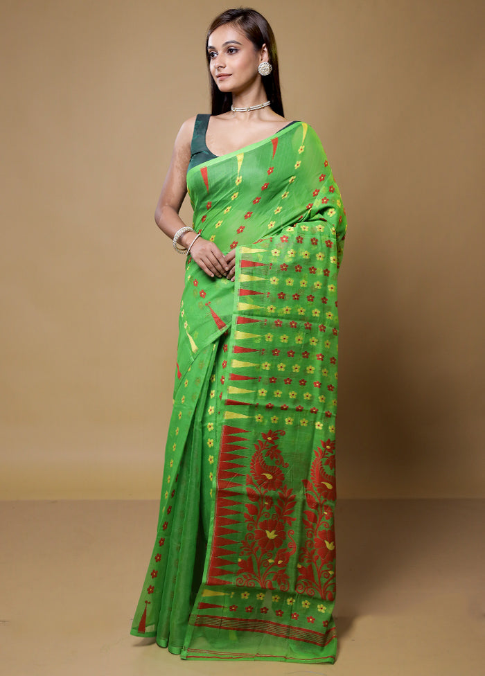 Green Tant Jamdani Saree Without Blouse Piece