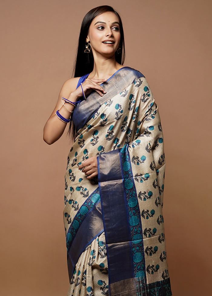 Cream Tussar Silk Saree With Blouse Piece