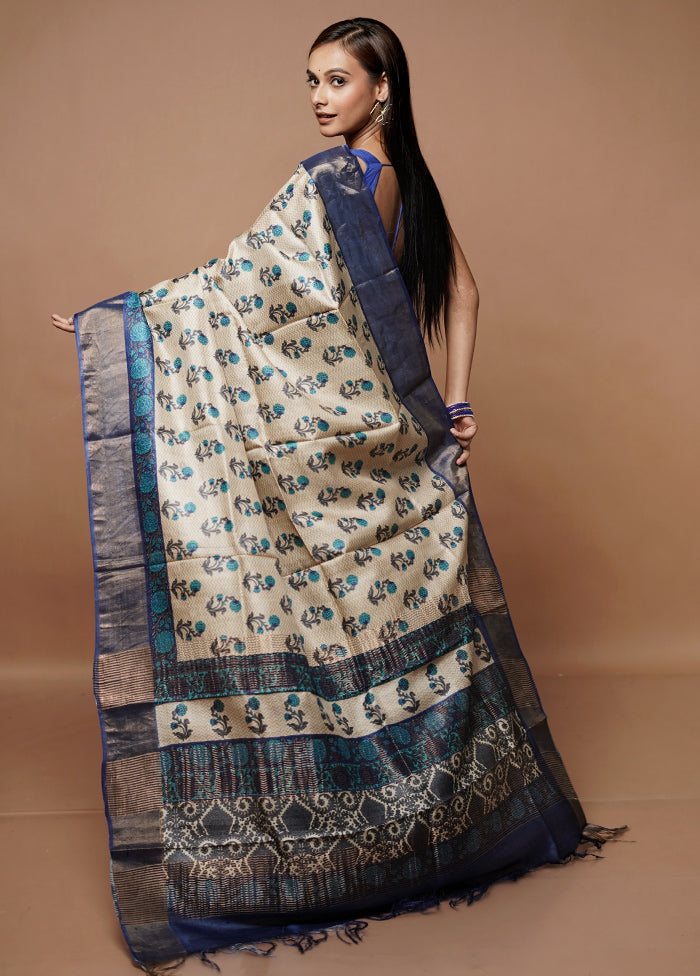 Cream Tussar Silk Saree With Blouse Piece