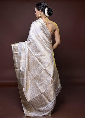 White Handloom Baluchari Pure Silk Saree With Blouse Piece