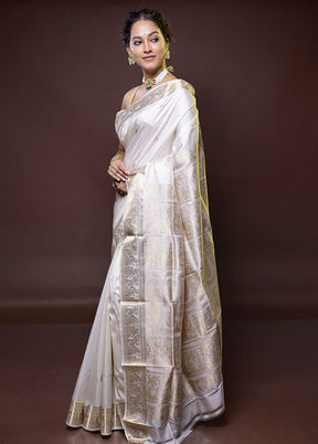 White Handloom Baluchari Pure Silk Saree With Blouse Piece