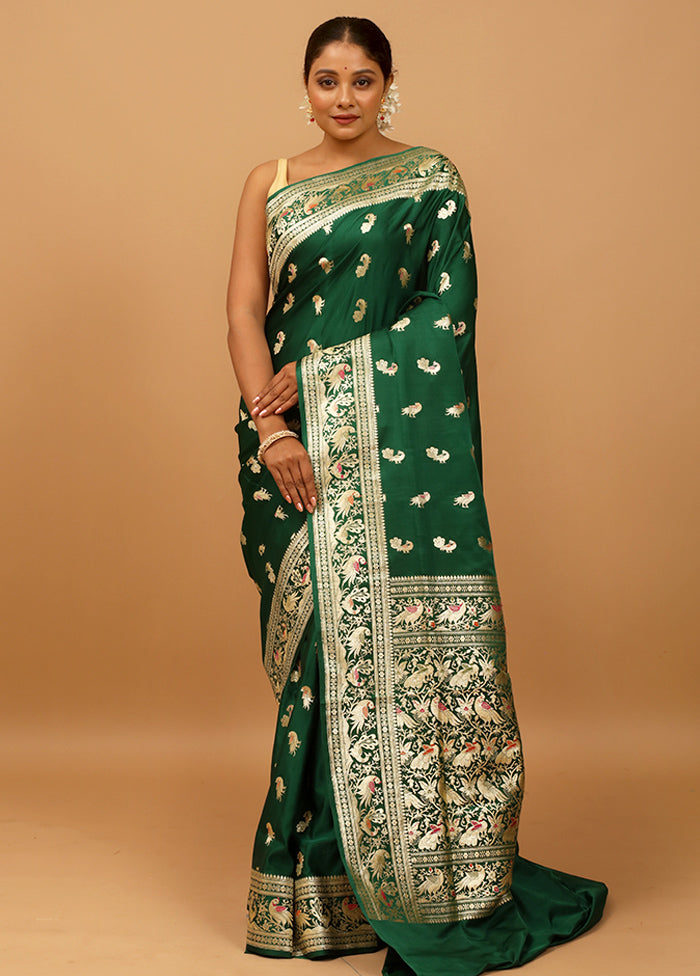 Green Handloom Banarasi Pure Silk Saree With Blouse Piece