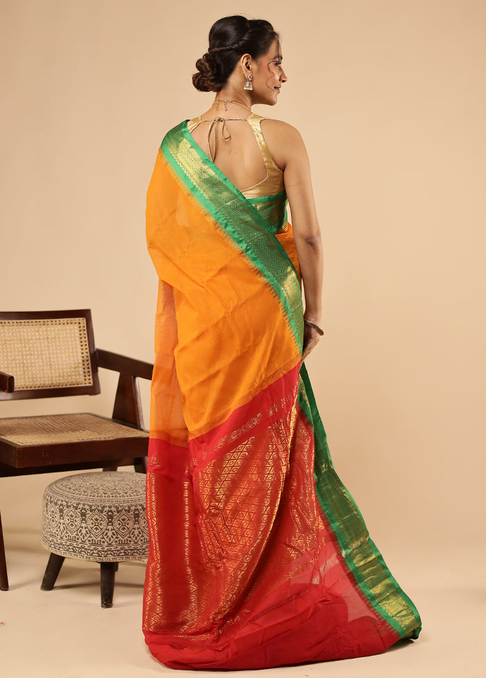 Yellow Gadwal Silk Saree Without Blouse Piece