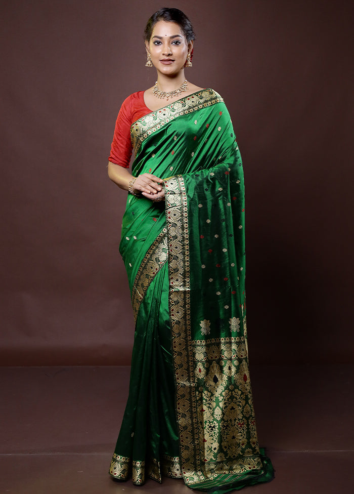 Green Handloom Assam Pure Silk Saree With Blouse Piece