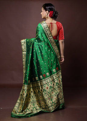 Green Handloom Assam Pure Silk Saree With Blouse Piece