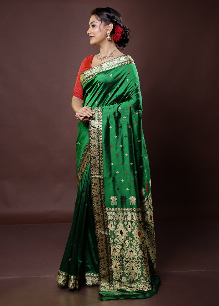 Green Handloom Assam Pure Silk Saree With Blouse Piece